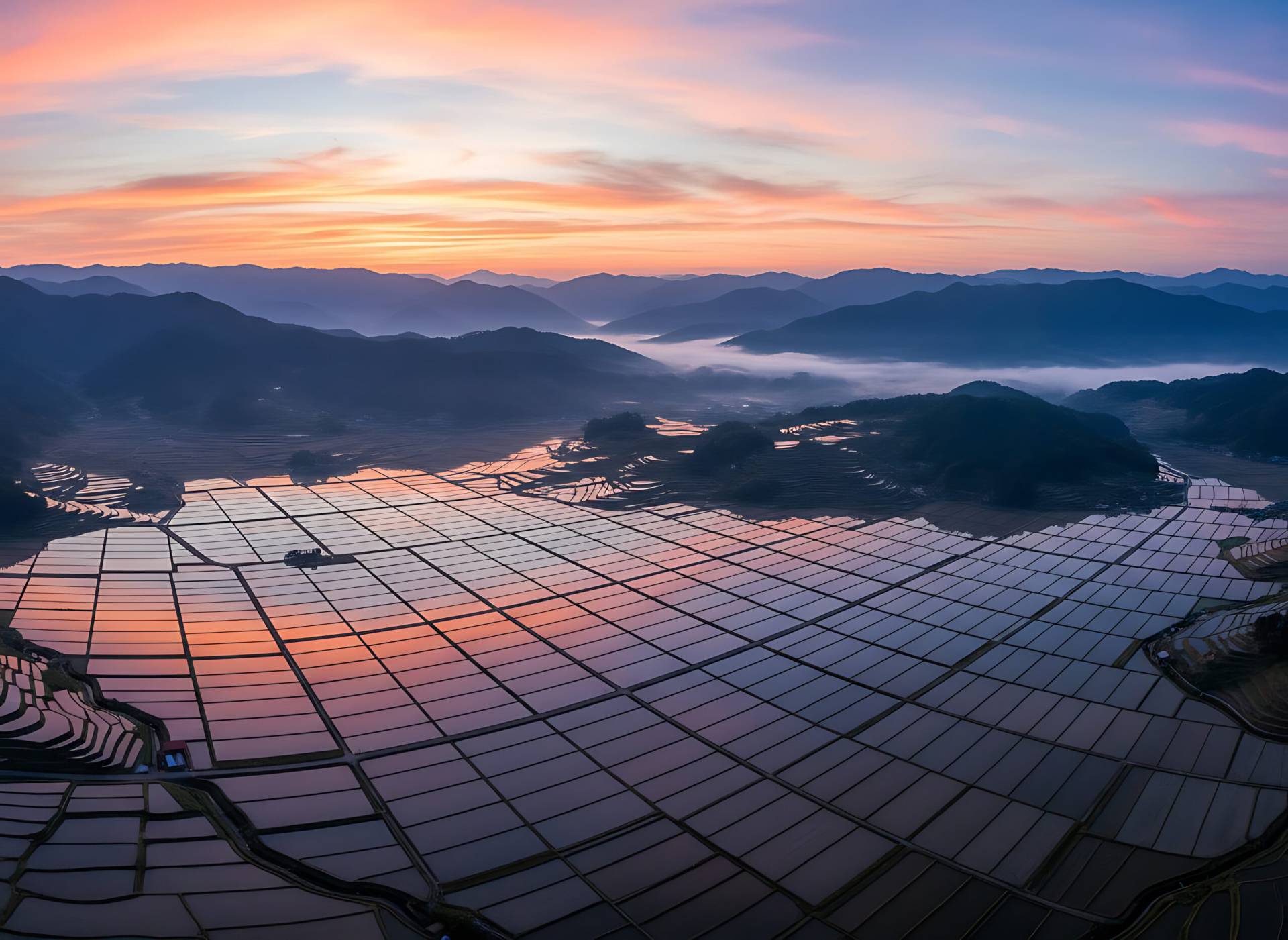 HOME Flooded Rice Terrace Fields Reflecting Pastel Sunrise Over Misty Mountain Valley Scaled