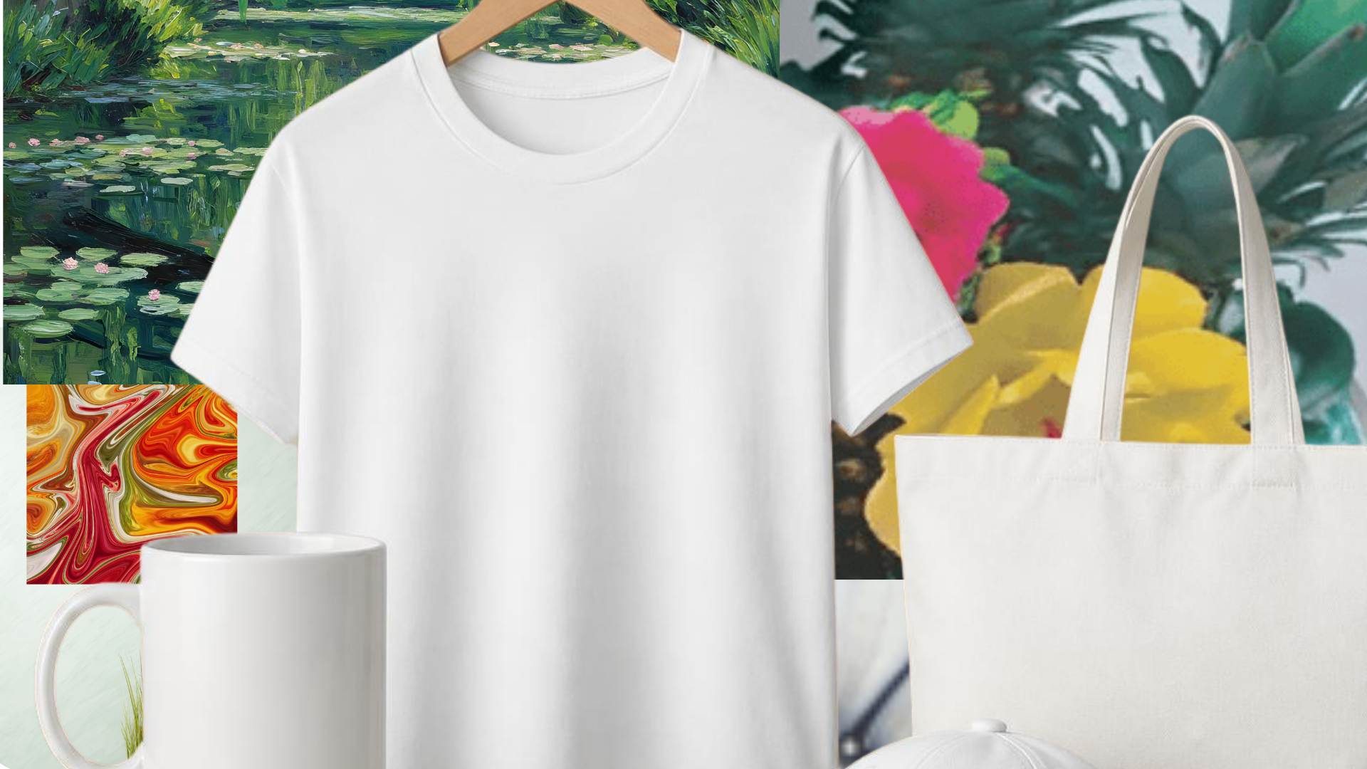 Kashif Brands & Apparel product mockups — t-shirt, mug, tote bag and cap printed with original nature and abstract artwork