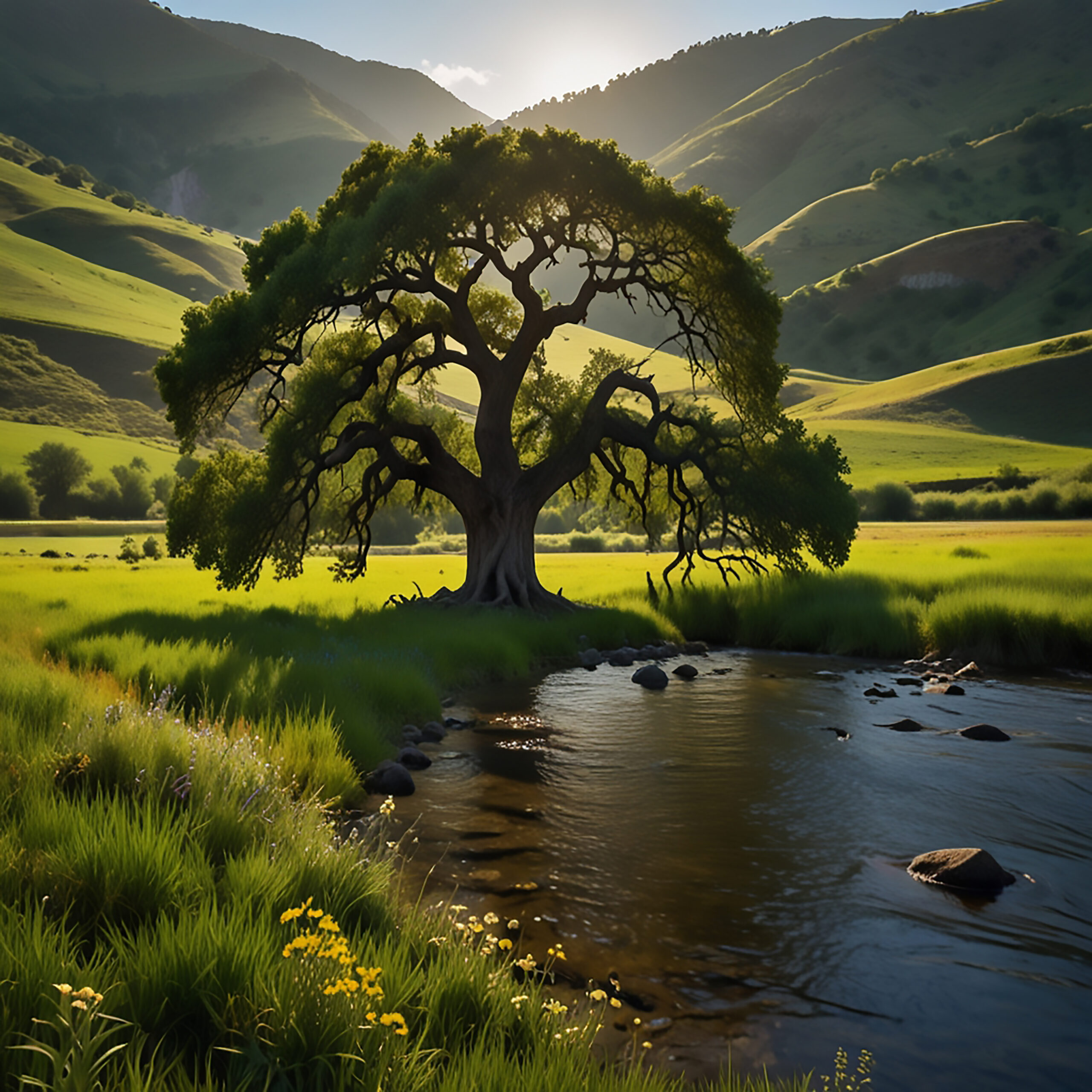a tranquil scene of a tree by a river in a sunny meadow.