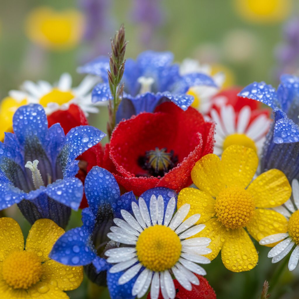 a bright mix of mountain flowers after a fresh morning rain