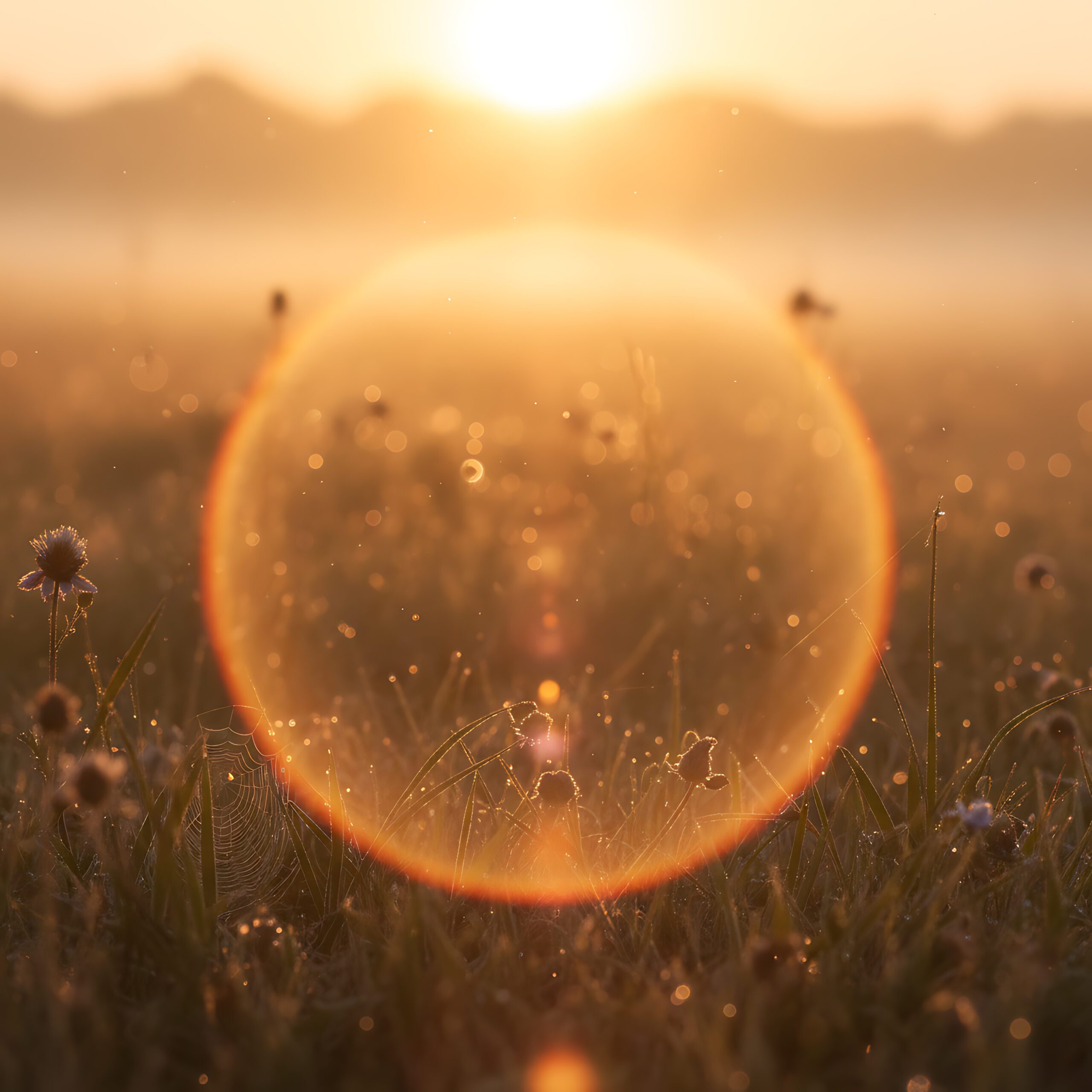 circular lens flare over dewy wildflower meadow at golden hour