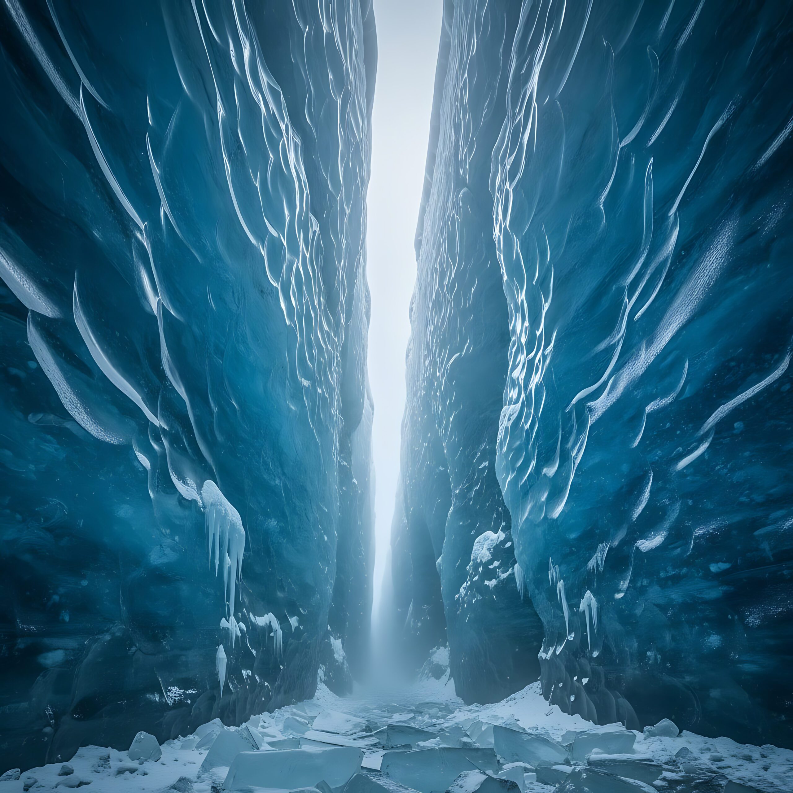 deep blue glacier crevasse with glowing light from above