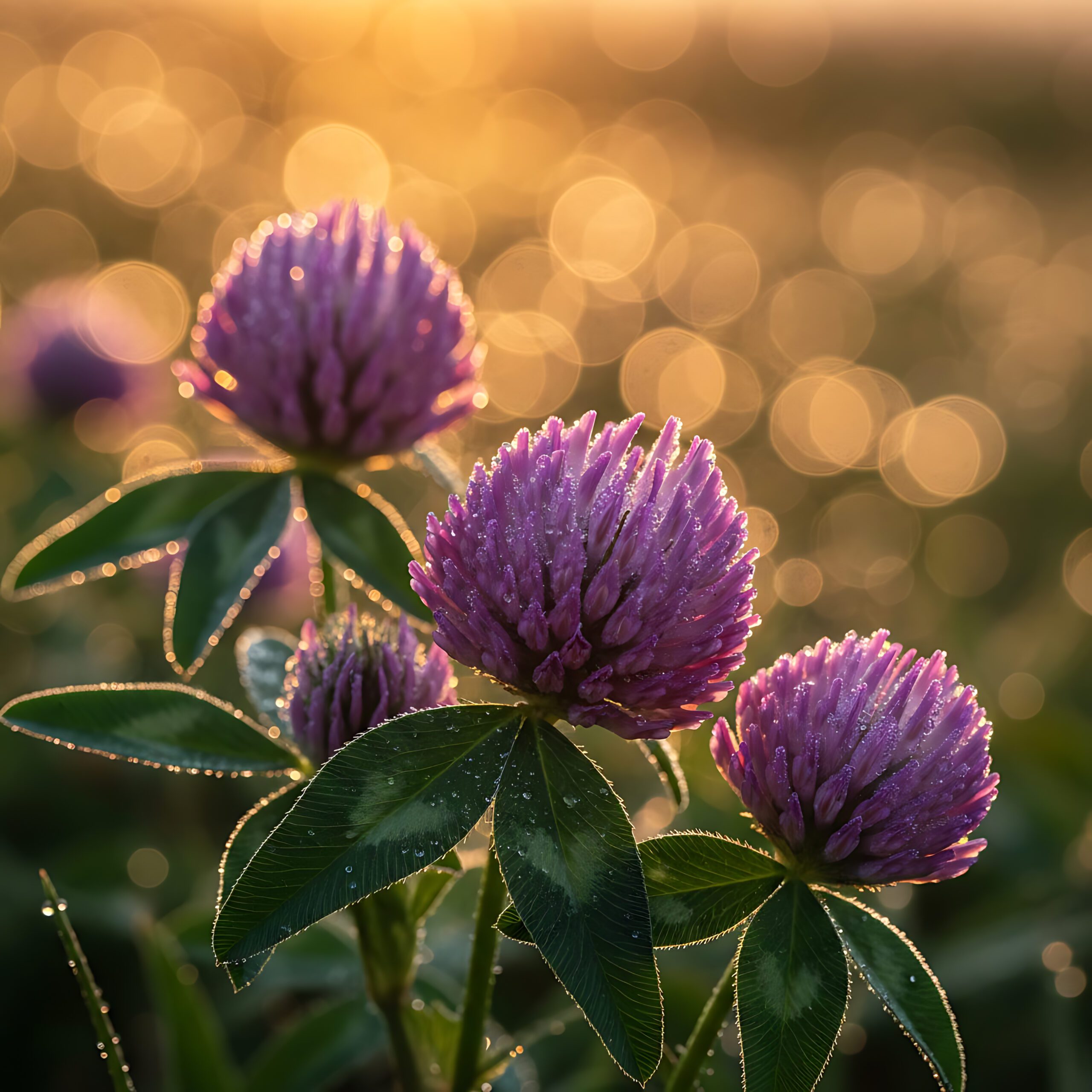 dewy purple clover blooms in warm golden bokeh at sunrise macro