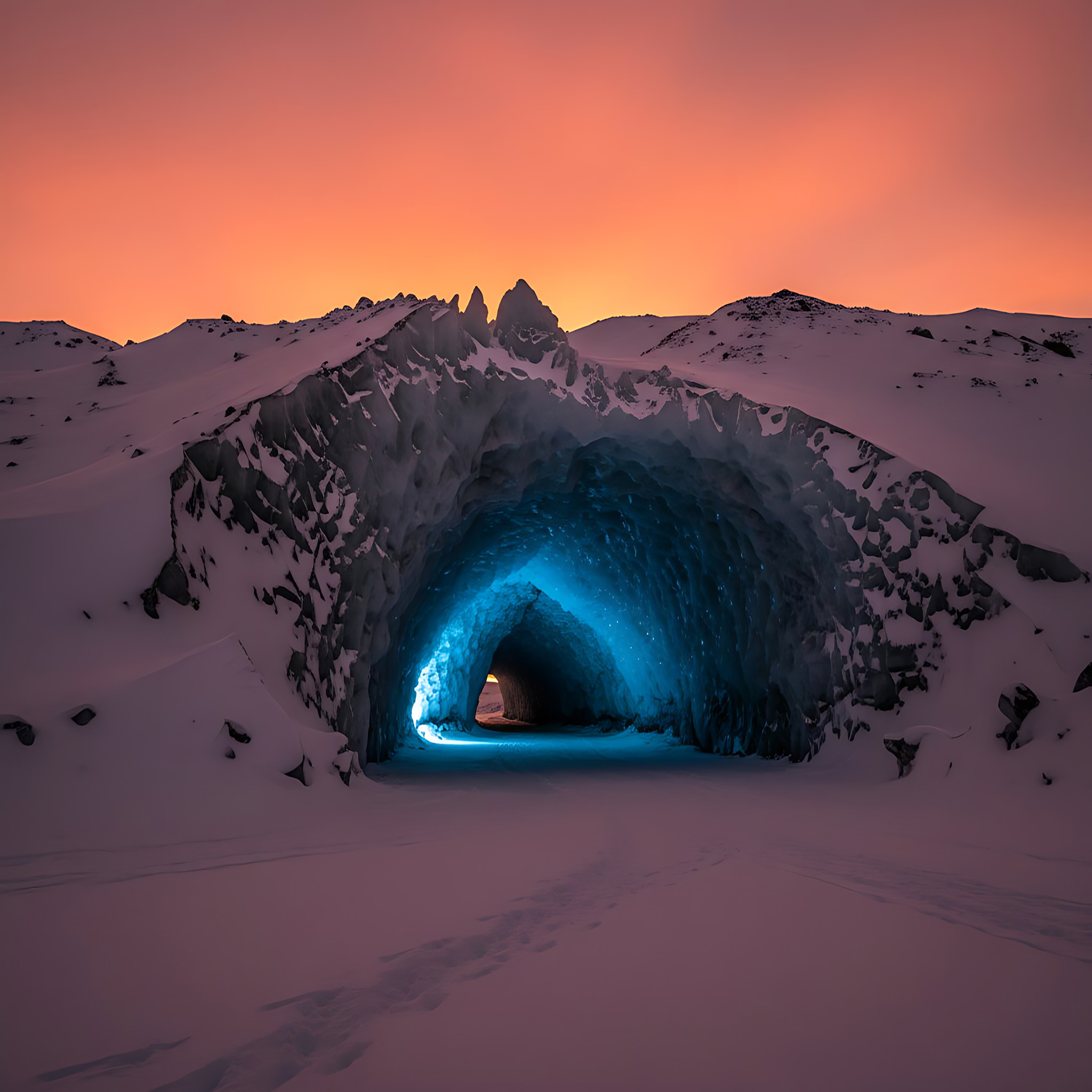 Glowing Blue Ice Cave Entrance Against Fiery Orange Sunset In Snowy Arctic Landscape
