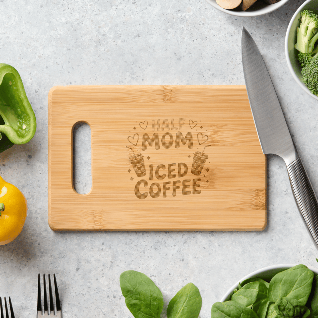 half mom half iced coffee engraved cutting board
