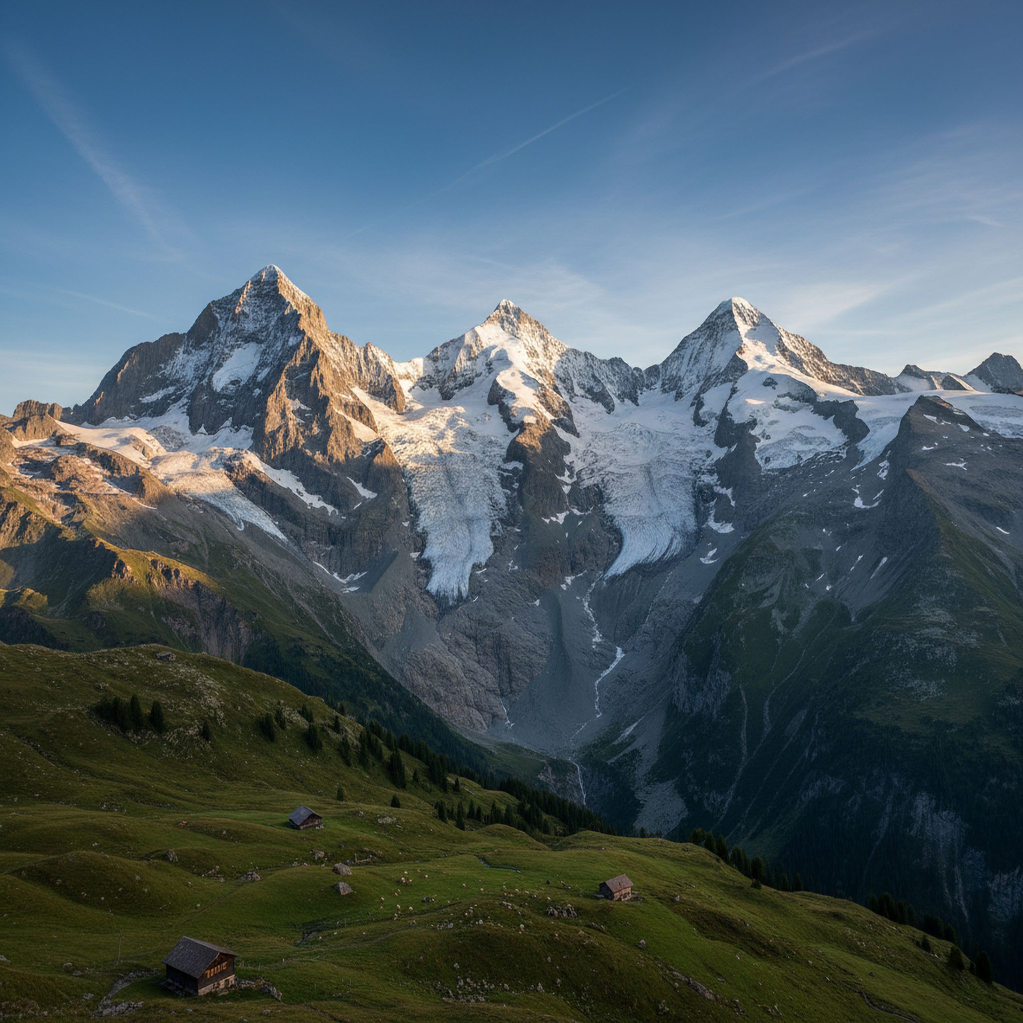 snowy alpine mountain valley green forest village