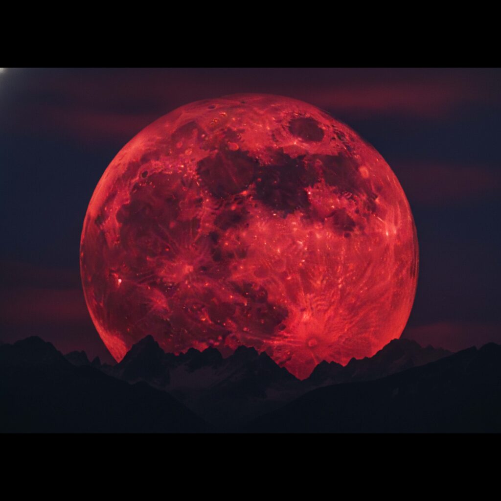 the sky turned deep red for this amazing moon sight above the peaks