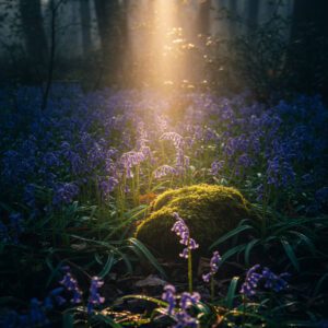 Bluebell Woodland Floor Golden Light Rays Moss
