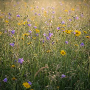 Dew drops sparkle on the tall grass in the meadow