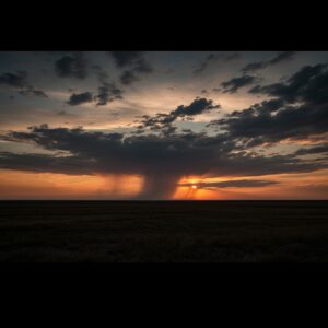 The sunset paints warm colors across a field, one cloud floats