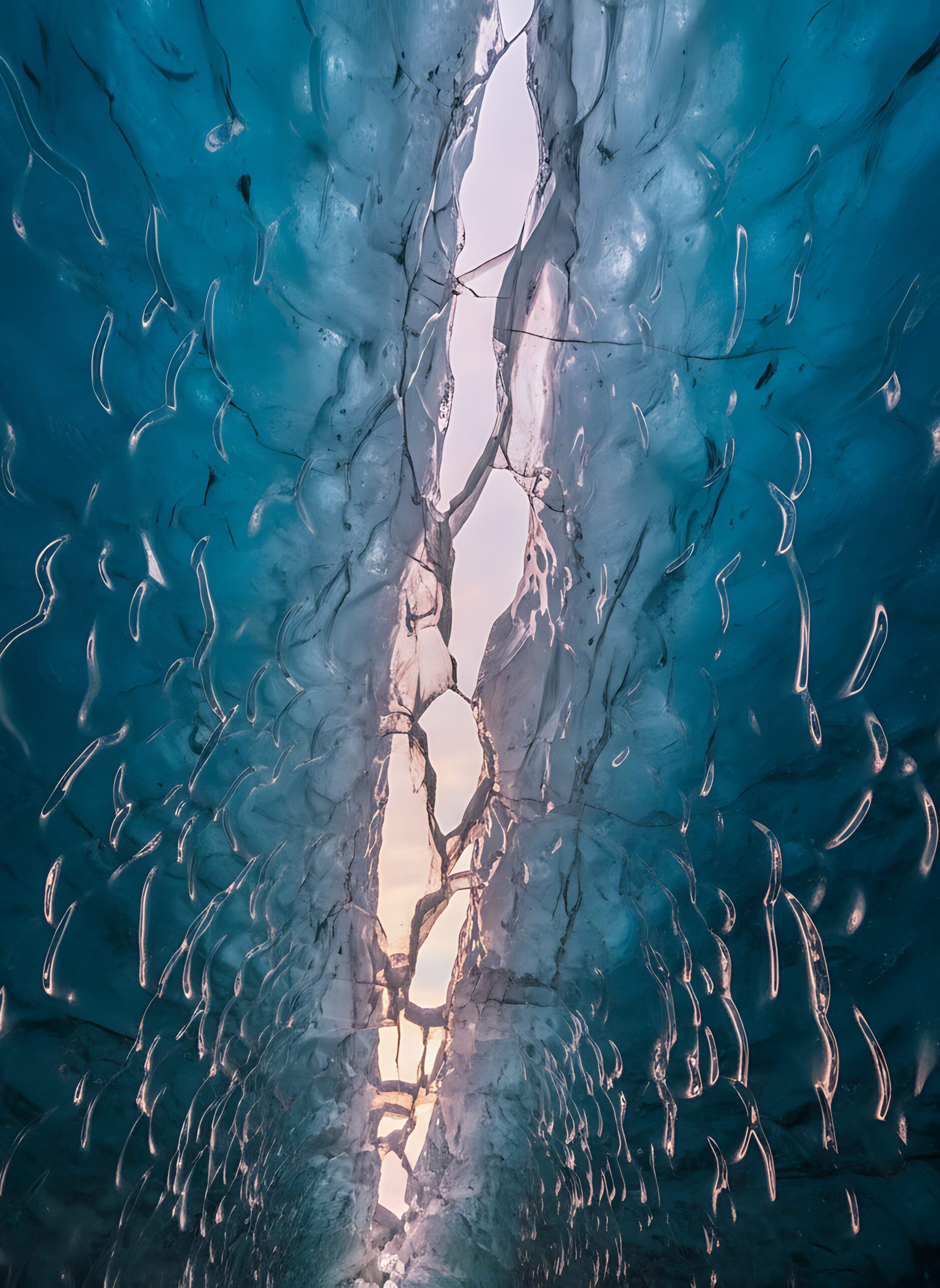 Looking Up Through Cracked Blue Glacier Ice Cave Ceiling