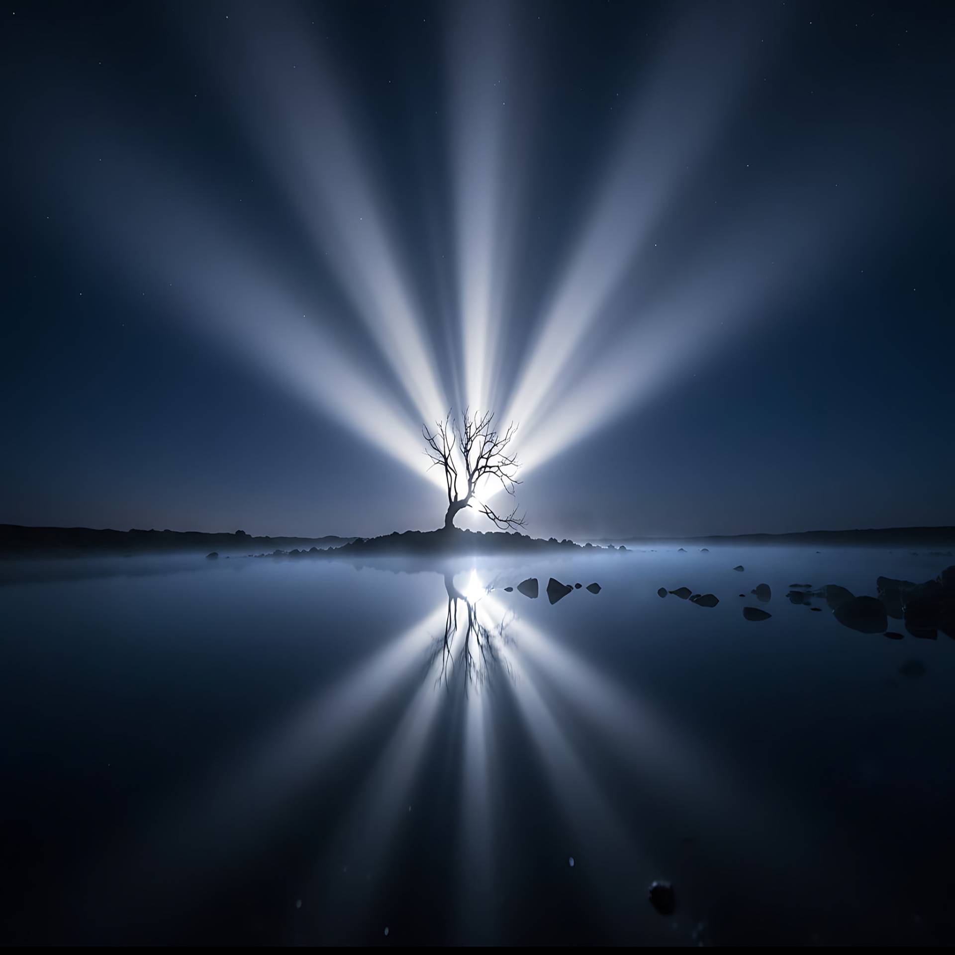 Bare Tree Radiating White Light Rays Reflected In Misty Night Lake
